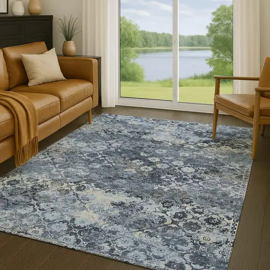 Navy Blue And Blue Abstract Washable Indoor Outdoor Area Rug Photo 5