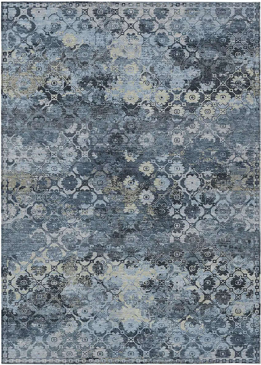 Navy Blue And Blue Abstract Washable Indoor Outdoor Area Rug Photo 1