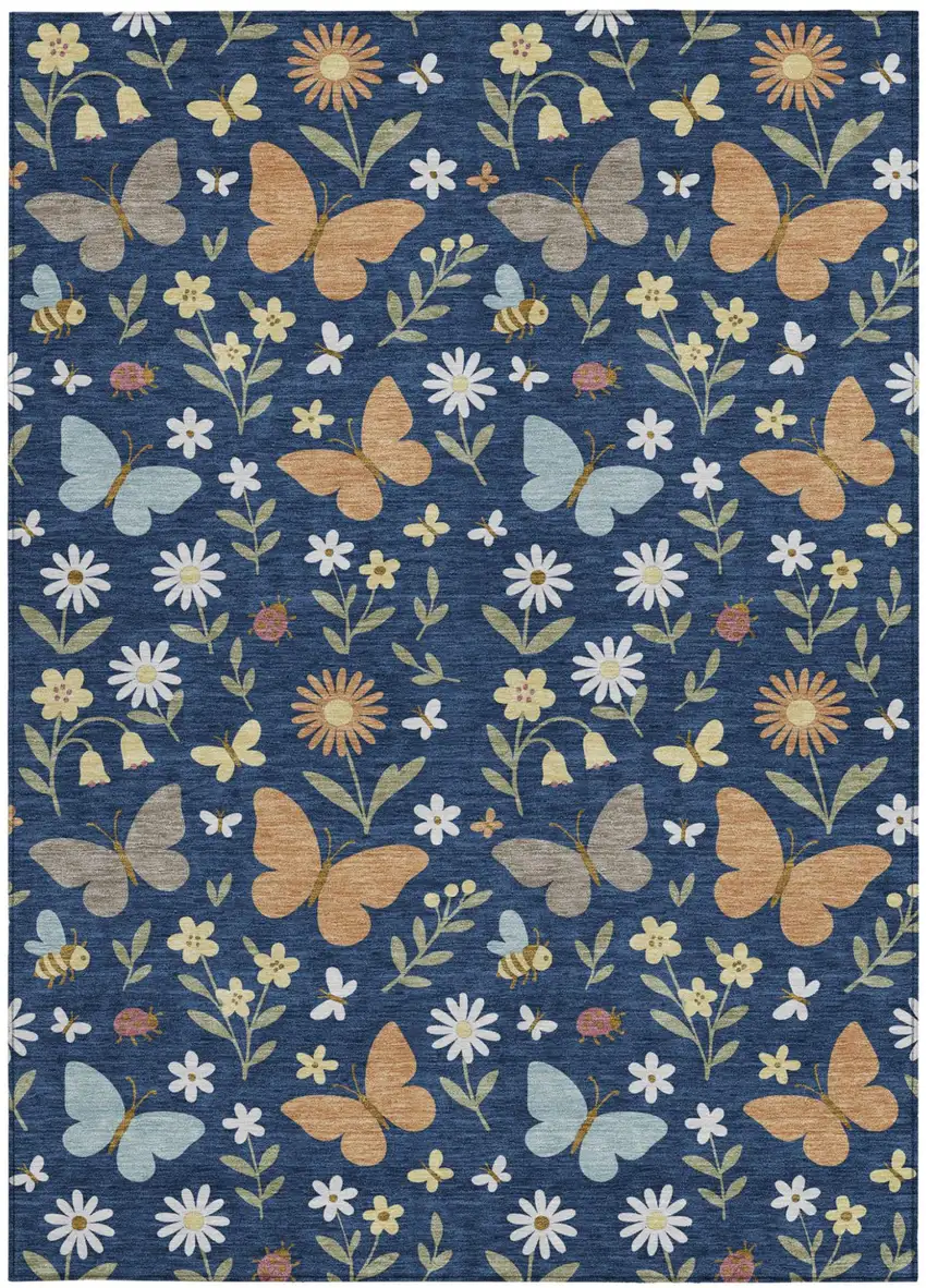 Navy Blue And Blue Abstract Washable Indoor Outdoor Area Rug Photo 3