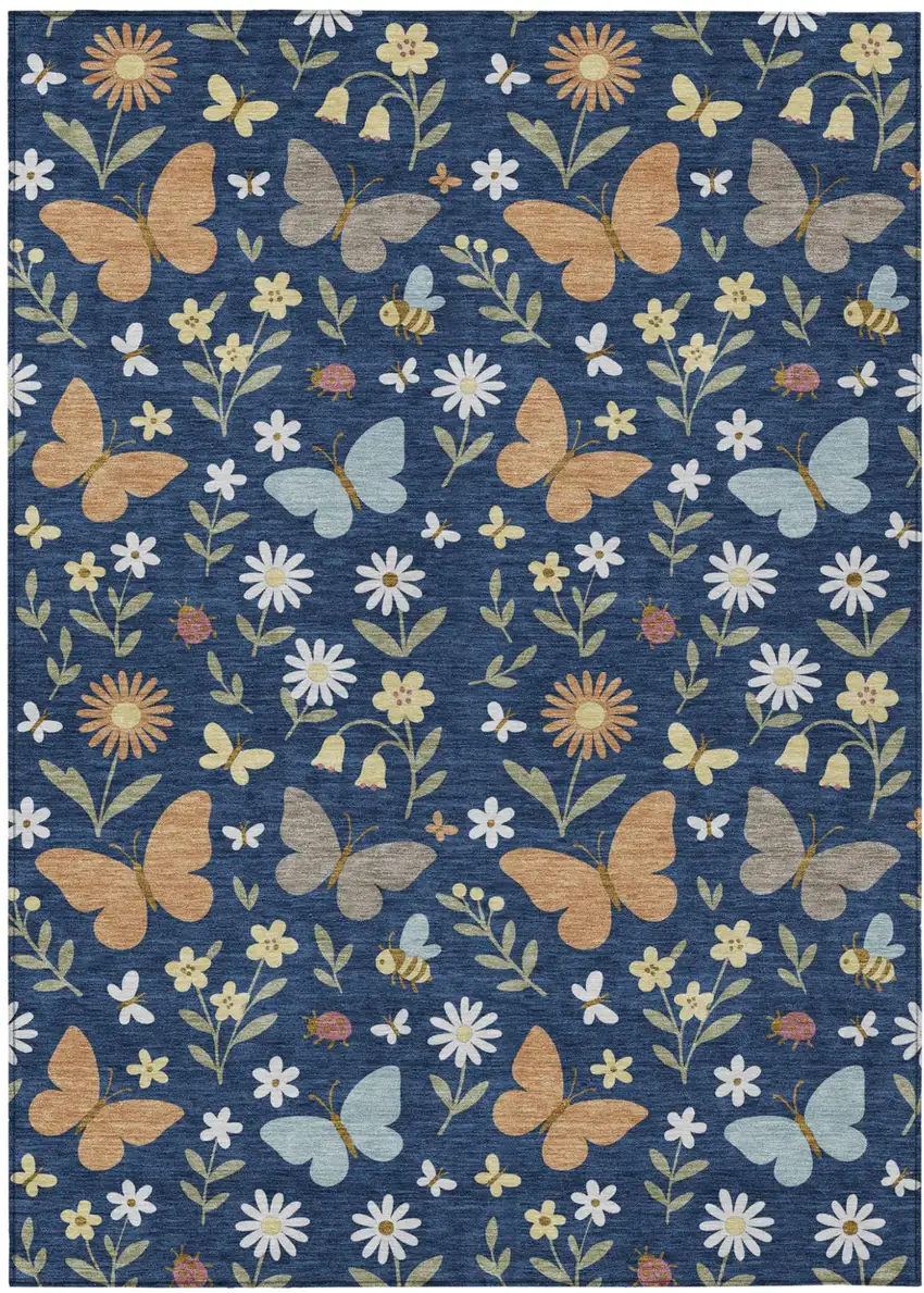 Navy Blue And Blue Abstract Washable Indoor Outdoor Area Rug Photo 1