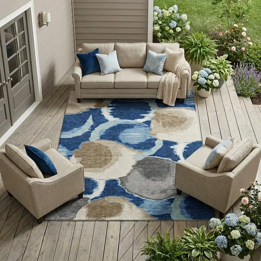 Navy Blue And Blue Abstract Washable Indoor Outdoor Area Rug Photo 1