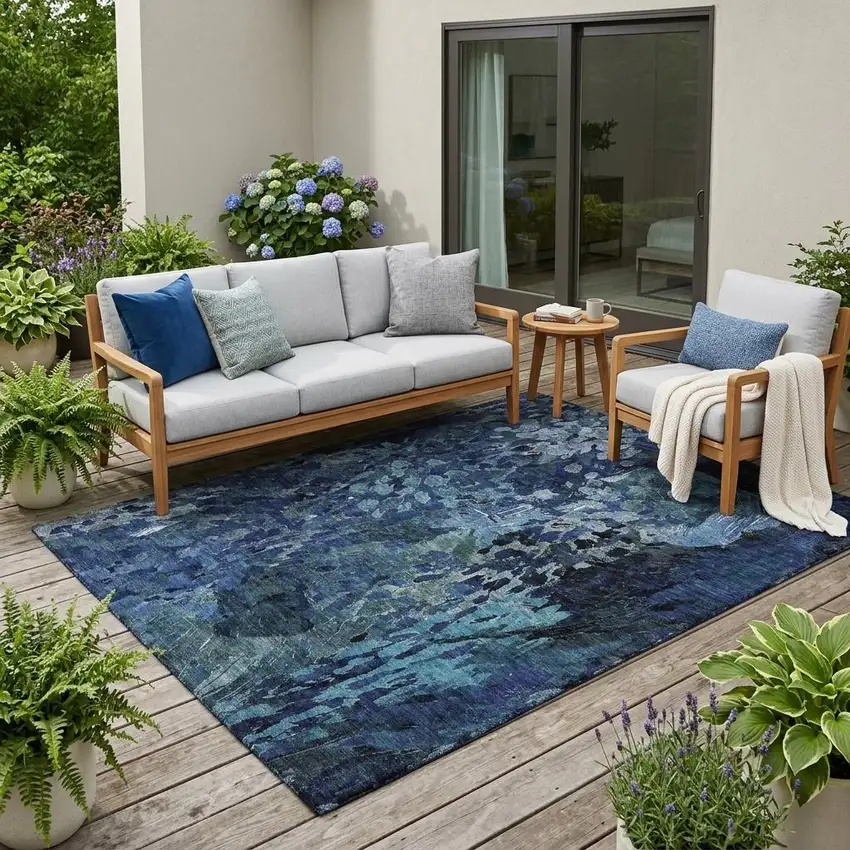 Navy Blue And Blue Abstract Washable Indoor Outdoor Area Rug Photo 1