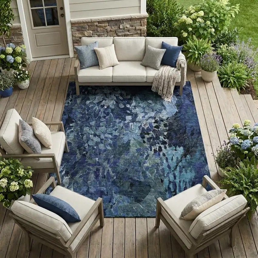 Navy Blue And Blue Abstract Washable Indoor Outdoor Area Rug Photo 1
