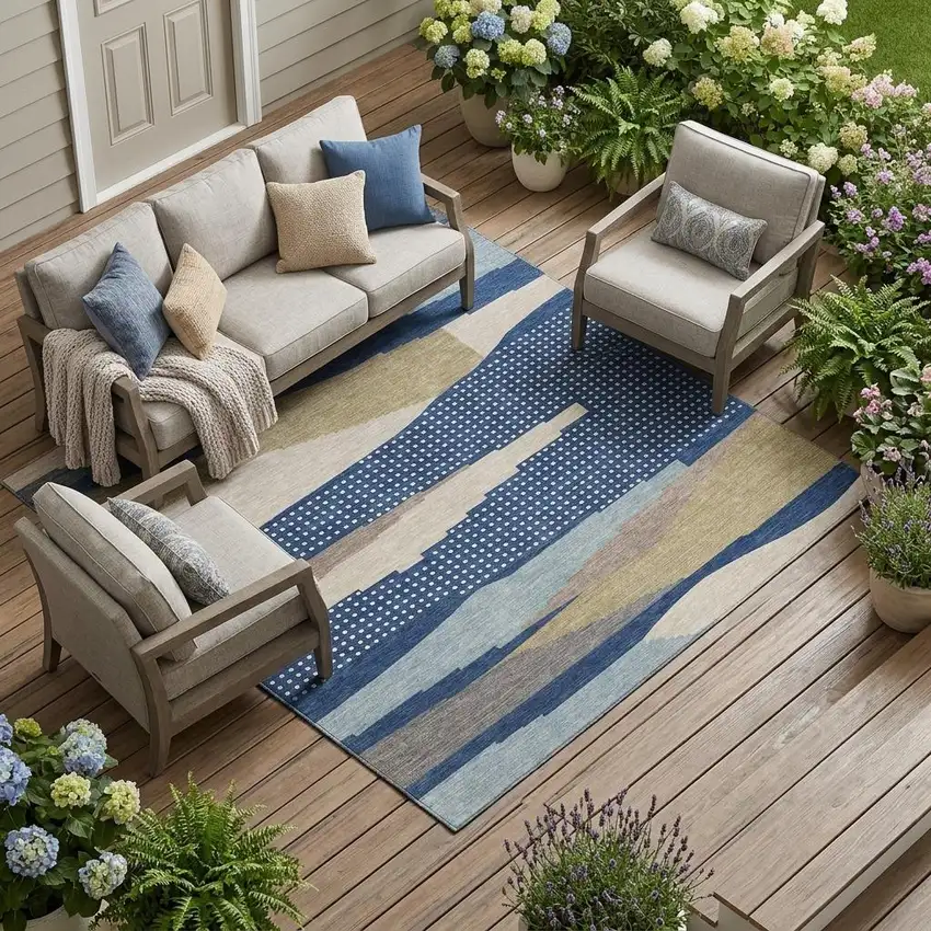Navy Blue And Blue Abstract Washable Indoor Outdoor Area Rug Photo 1