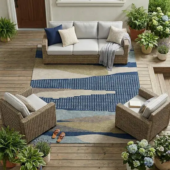 Navy Blue And Blue Abstract Washable Indoor Outdoor Area Rug Photo 1