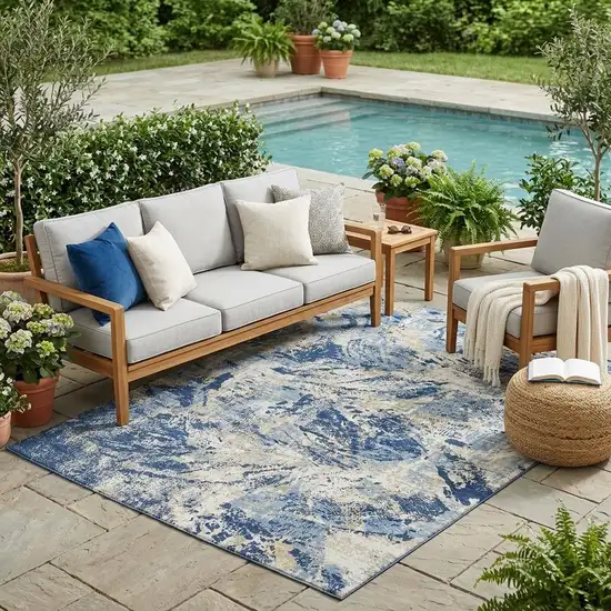 Navy Blue And Blue Abstract Washable Indoor Outdoor Area Rug Photo 1