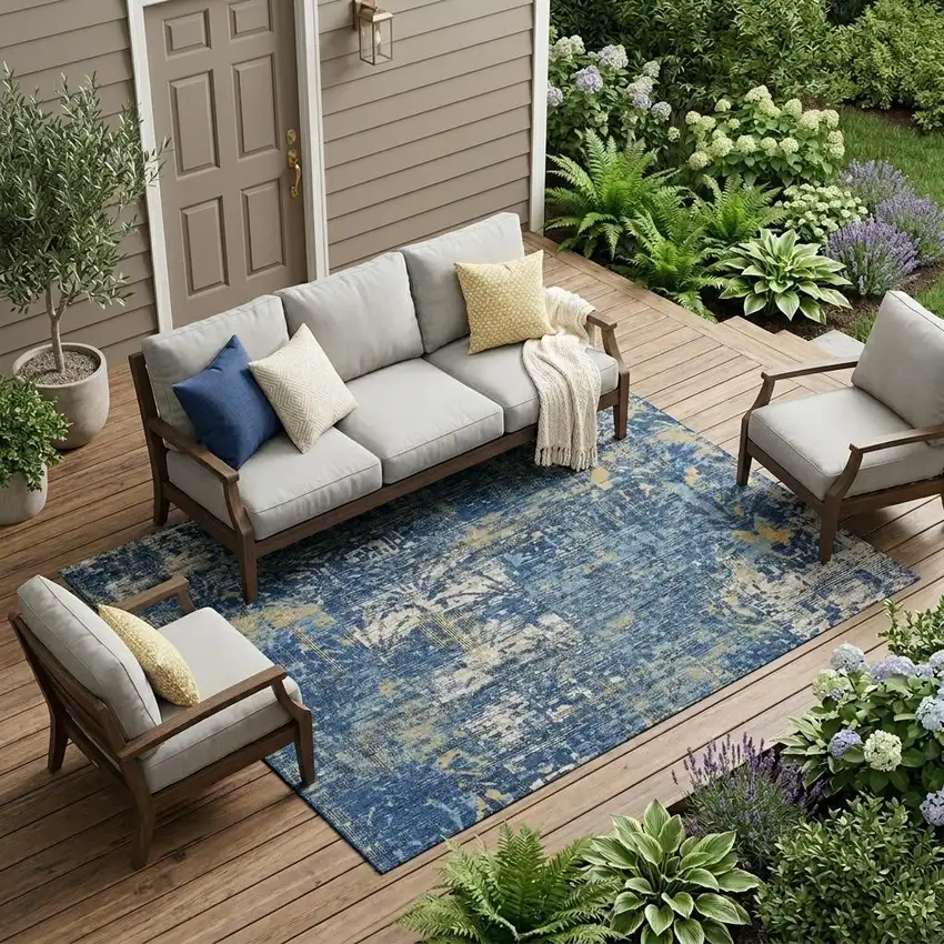 Navy Blue And Blue Abstract Washable Indoor Outdoor Area Rug Photo 1