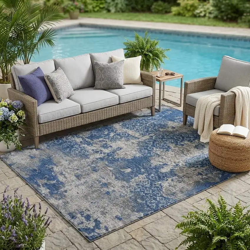 Navy Blue And Blue Abstract Washable Indoor Outdoor Area Rug Photo 1