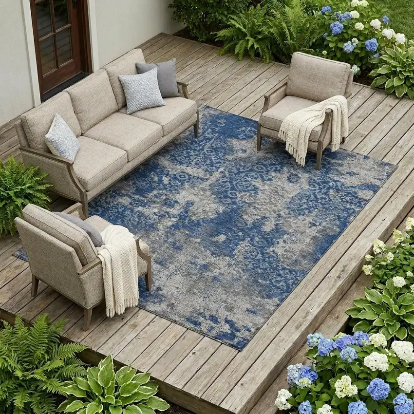 Navy Blue And Blue Abstract Washable Indoor Outdoor Area Rug Photo 1