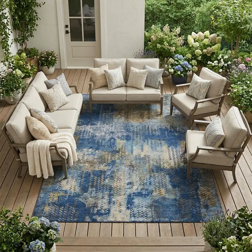 Navy Blue And Blue Abstract Washable Indoor Outdoor Area Rug Photo 1