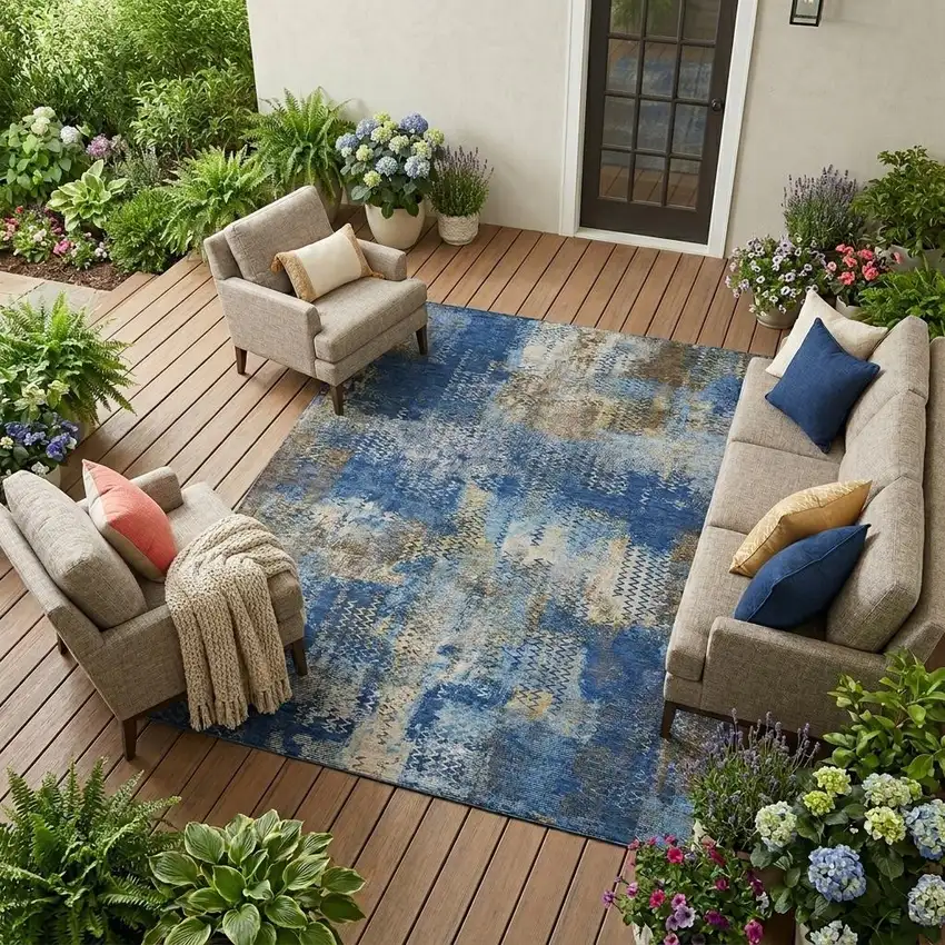 Navy Blue And Blue Abstract Washable Indoor Outdoor Area Rug Photo 1