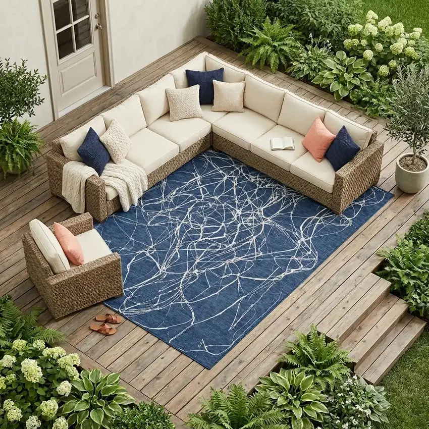 Navy Blue And Blue Abstract Washable Indoor Outdoor Area Rug Photo 1