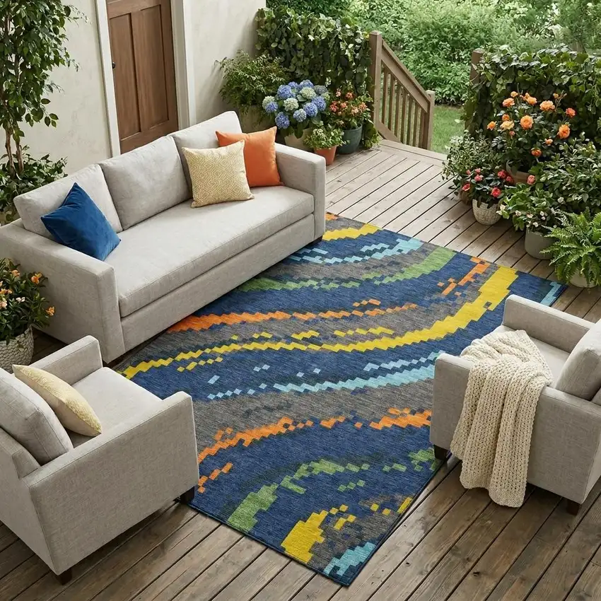 Navy Blue And Blue Abstract Washable Indoor Outdoor Area Rug Photo 1