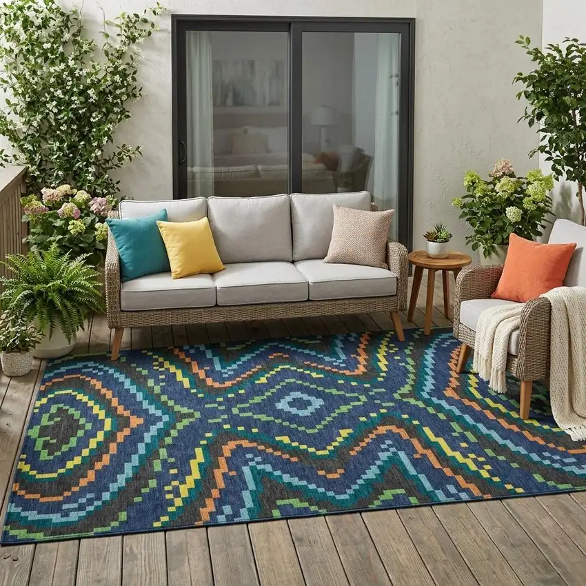 Navy Blue And Blue Abstract Washable Indoor Outdoor Area Rug Photo 1