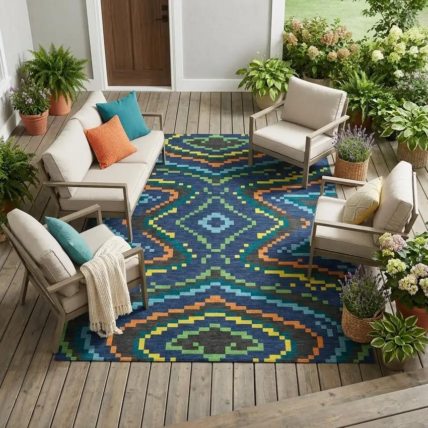 Navy Blue And Blue Abstract Washable Indoor Outdoor Area Rug Photo 1