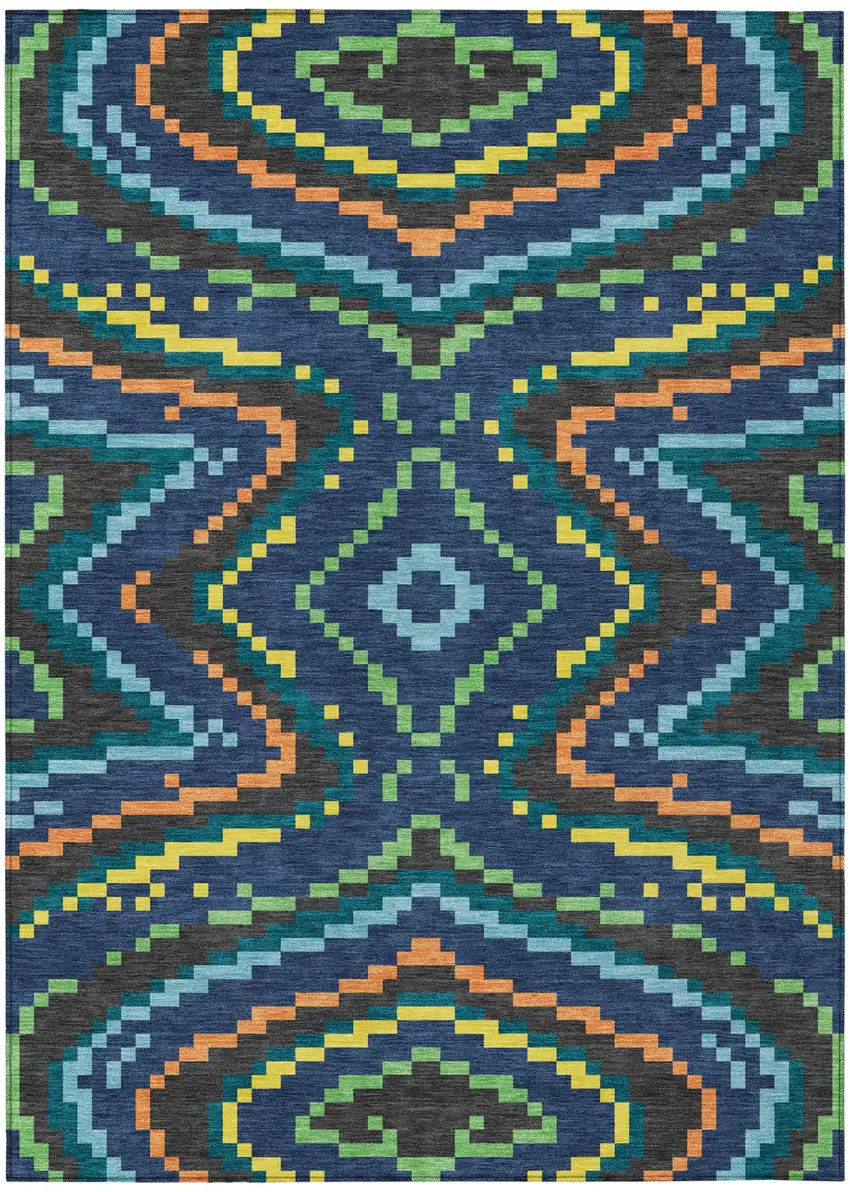 Navy Blue And Blue Abstract Washable Indoor Outdoor Area Rug Photo 2
