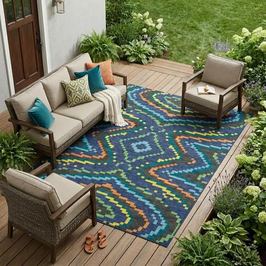 Navy Blue And Blue Abstract Washable Indoor Outdoor Area Rug Photo 1