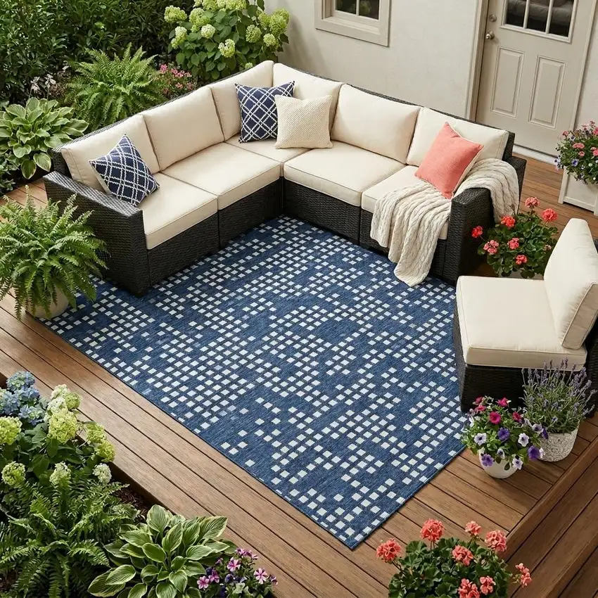 Navy Blue And Blue Abstract Washable Indoor Outdoor Area Rug Photo 1