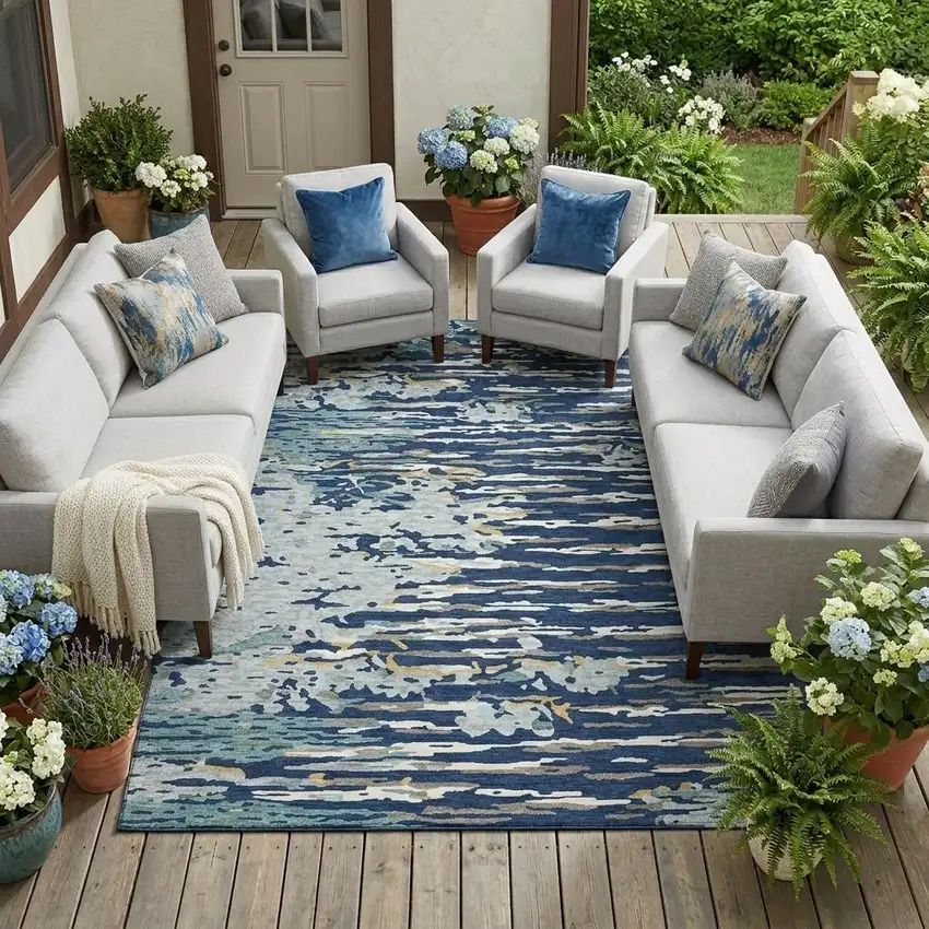 Navy Blue And Blue Abstract Washable Indoor Outdoor Area Rug Photo 1