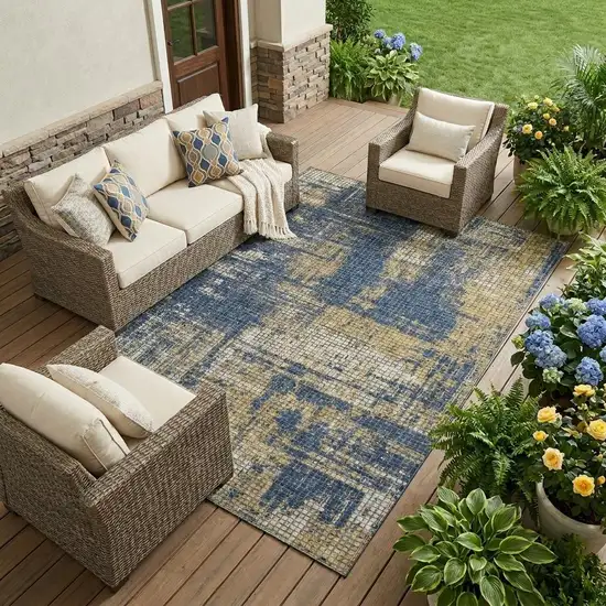 Navy Blue And Blue Abstract Washable Indoor Outdoor Area Rug Photo 1