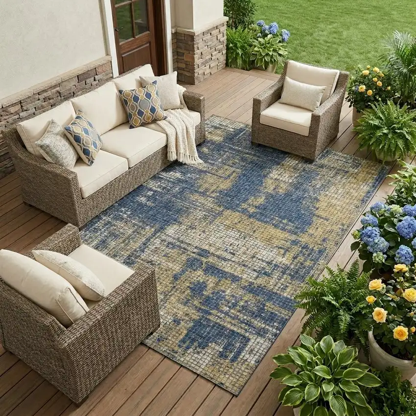 Navy Blue And Blue Abstract Washable Indoor Outdoor Area Rug Photo 1
