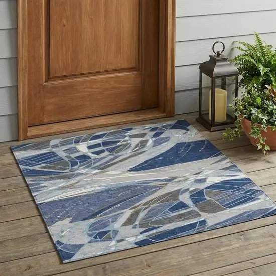 Navy Blue And Blue Abstract Washable Indoor Outdoor Area Rug Photo 1