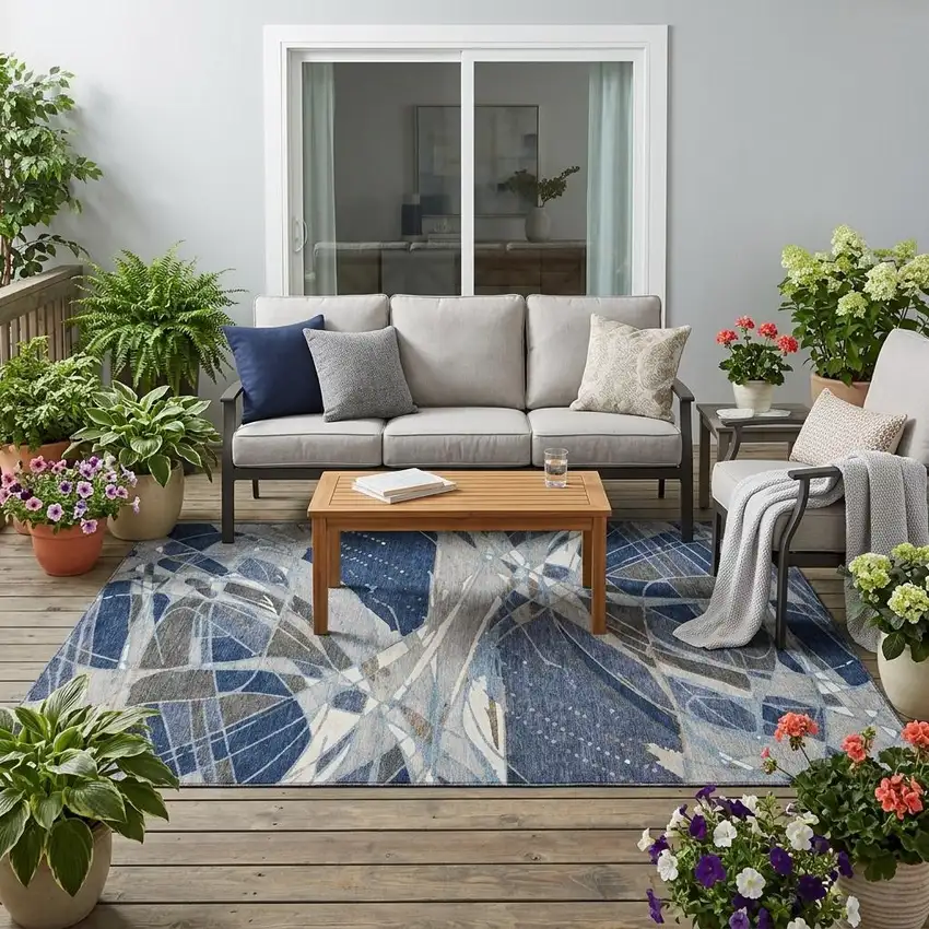Navy Blue And Blue Abstract Washable Indoor Outdoor Area Rug Photo 1