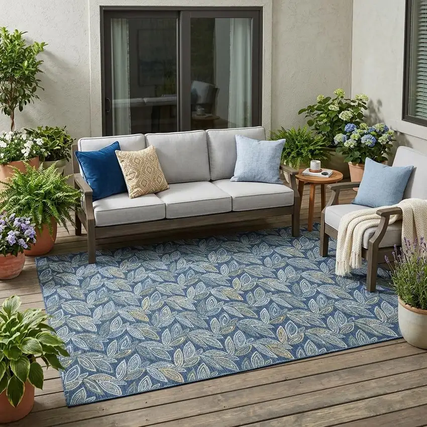 Navy Blue And Blue Botanical Leaves Washable Indoor Outdoor Area Rug Photo 1