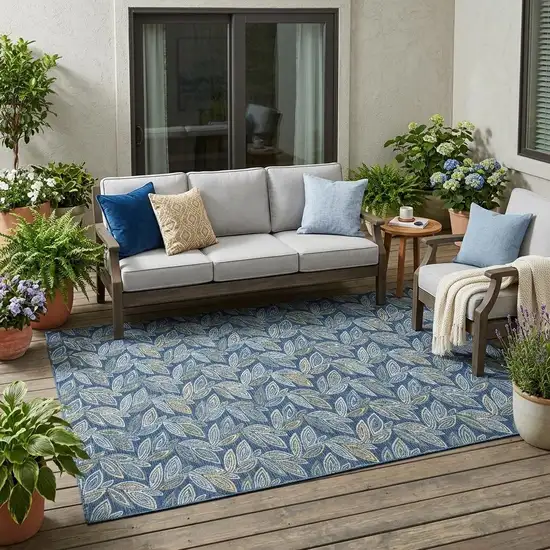 Navy Blue And Blue Botanical Leaves Washable Indoor Outdoor Area Rug Photo 1
