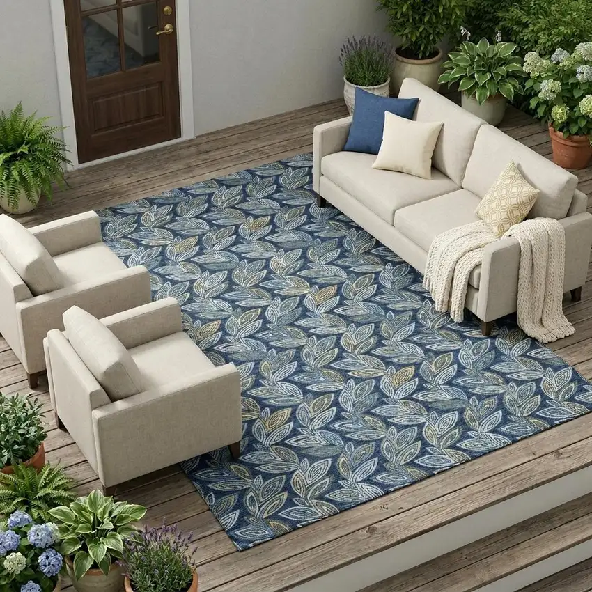 Navy Blue And Blue Botanical Leaves Washable Indoor Outdoor Area Rug Photo 1