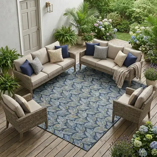Navy Blue And Blue Botanical Leaves Washable Indoor Outdoor Area Rug Photo 1