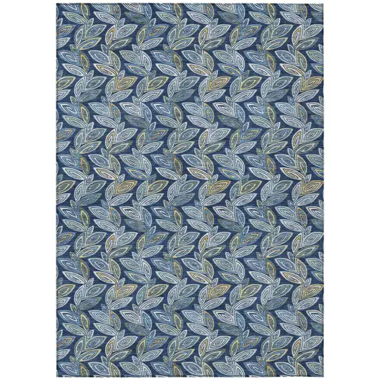 Navy Blue And Blue Botanical Leaves Washable Indoor Outdoor Area Rug Photo 2