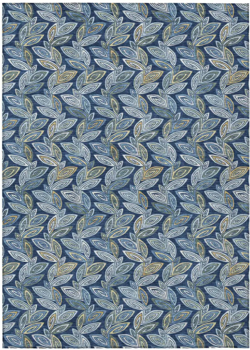 Navy Blue And Blue Botanical Leaves Washable Indoor Outdoor Area Rug Photo 2