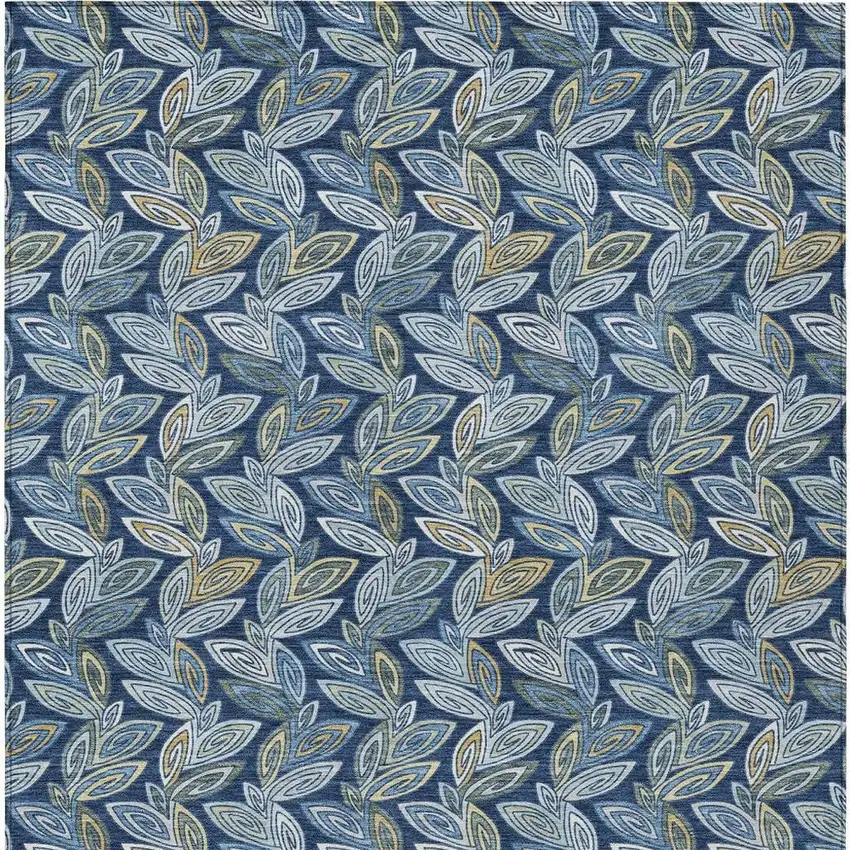 Navy Blue And Blue Botanical Leaves Washable Indoor Outdoor Area Rug Photo 4