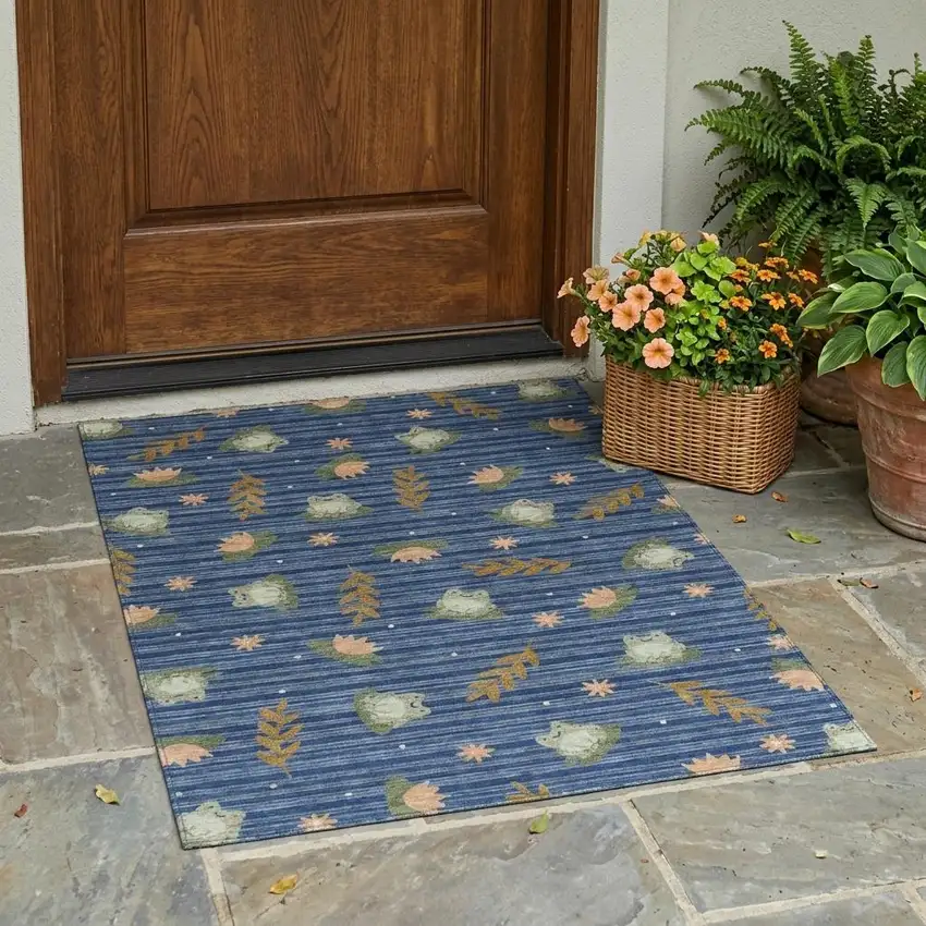 Navy Blue And Blue Botanical Leaves Washable Indoor Outdoor Area Rug Photo 1