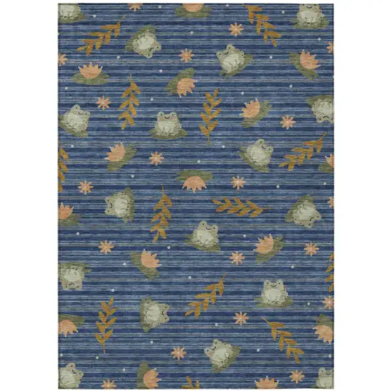 Navy Blue And Blue Botanical Leaves Washable Indoor Outdoor Area Rug Photo 2