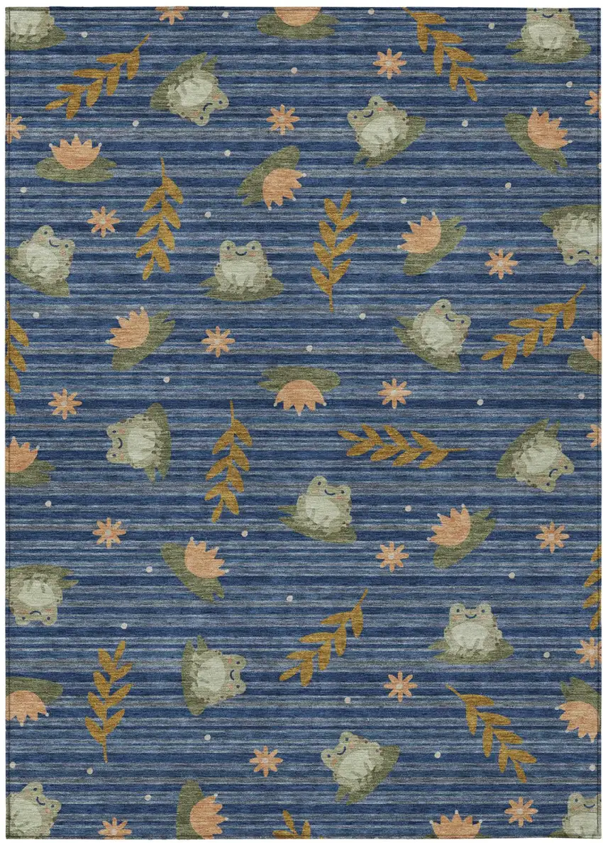 Navy Blue And Blue Botanical Leaves Washable Indoor Outdoor Area Rug Photo 2