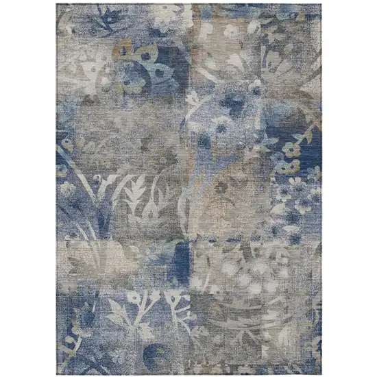 Navy Blue And Blue Botanical Leaves Washable Indoor Outdoor Area Rug Photo 1