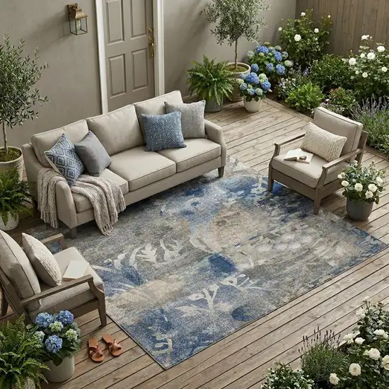 Navy Blue And Blue Botanical Leaves Washable Indoor Outdoor Area Rug Photo 1