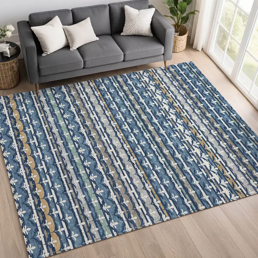 Navy Blue And Blue Damask Washable Indoor Outdoor Area Rug Photo 6