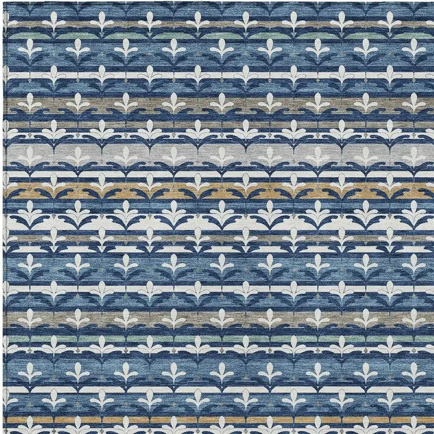 Navy Blue And Blue Damask Washable Indoor Outdoor Area Rug Photo 2