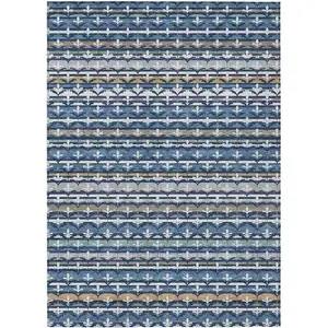 Photo of Navy Blue And Blue Damask Washable Indoor Outdoor Area Rug
