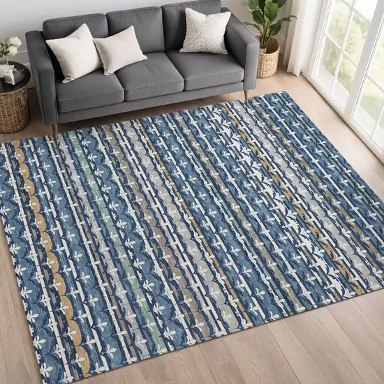 Navy Blue And Blue Damask Washable Indoor Outdoor Area Rug Photo 6