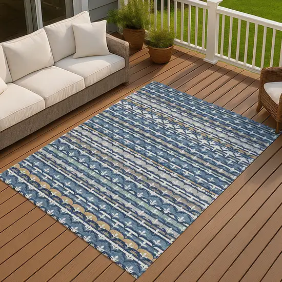 Navy Blue And Blue Damask Washable Indoor Outdoor Area Rug Photo 7