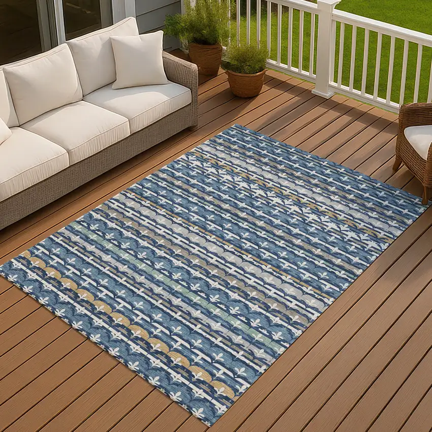 Navy Blue And Blue Damask Washable Indoor Outdoor Area Rug Photo 7
