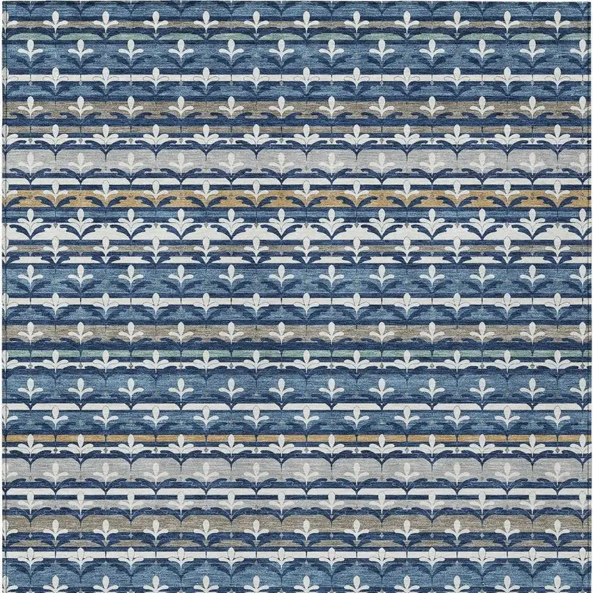 Navy Blue And Blue Damask Washable Indoor Outdoor Area Rug Photo 3