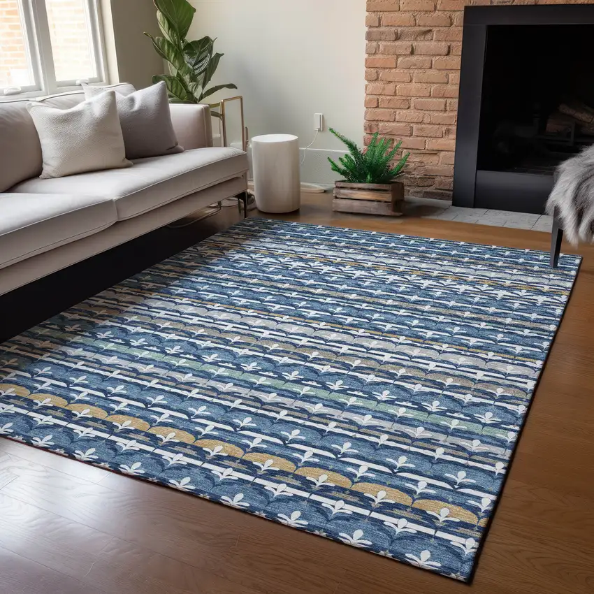 Navy Blue And Blue Damask Washable Indoor Outdoor Area Rug Photo 5