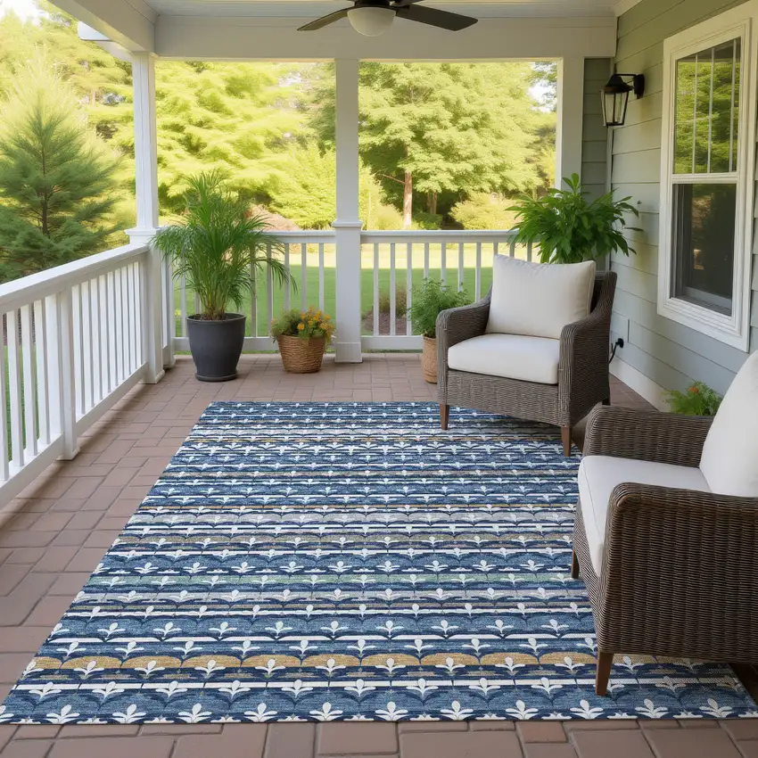 Navy Blue And Blue Damask Washable Indoor Outdoor Area Rug Photo 4
