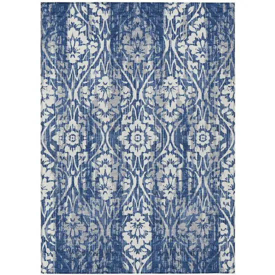 Navy Blue And Blue Damask Washable Indoor Outdoor Area Rug Photo 2