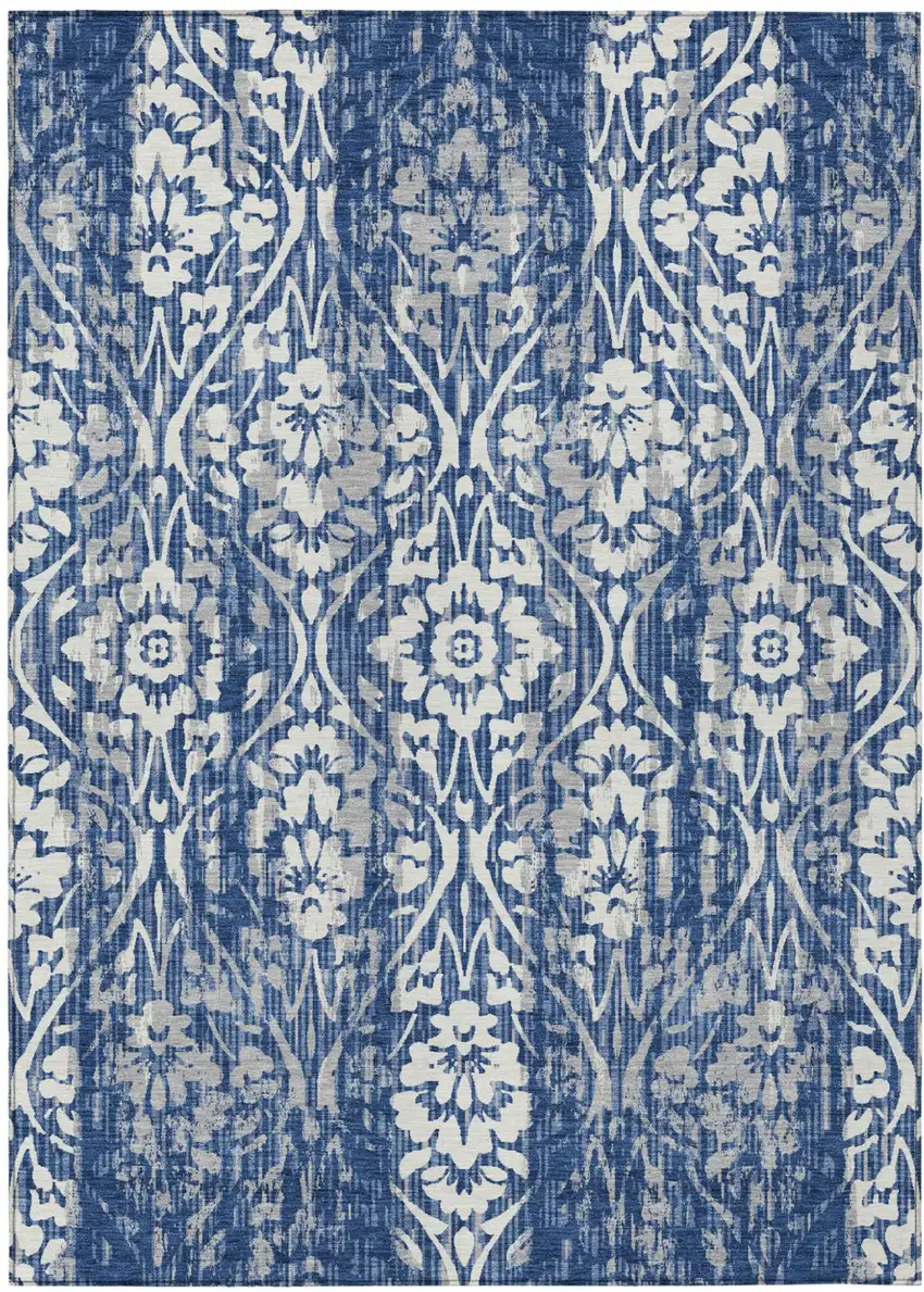 Navy Blue And Blue Damask Washable Indoor Outdoor Area Rug Photo 2